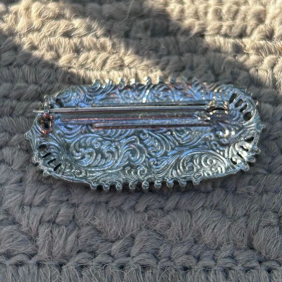 Vintage 1928 Brand Black & Green Enamel Rhinestone Brooch OS Silver-tone Oval - Picture 5 of 8